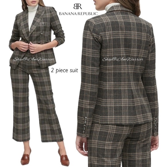Banana Republic gray windowpane wool flannel double breasted blazer + crop pants - Picture 1 of 16